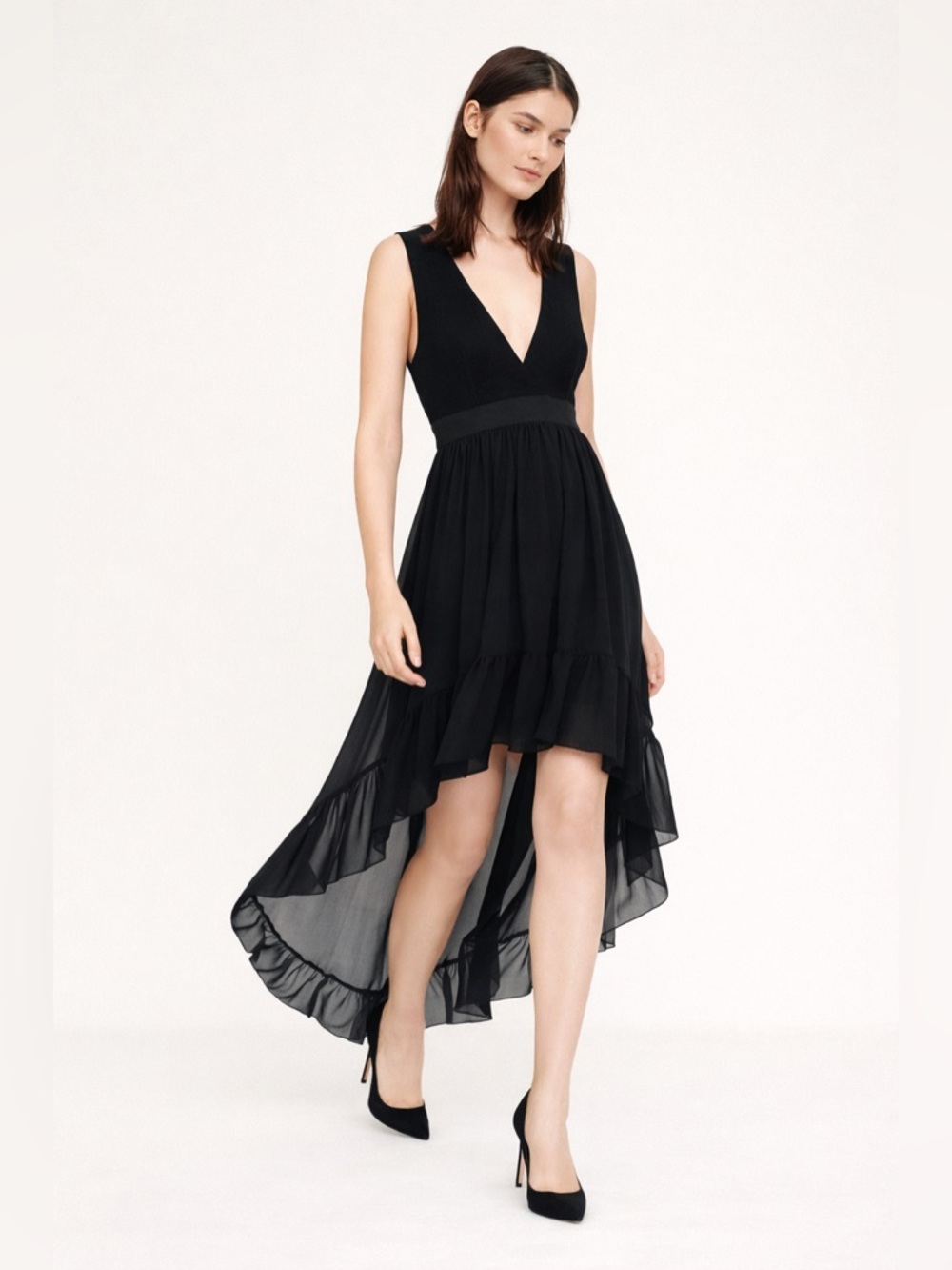 Sandro Paris Black Deep V High Low Dress Ruffle Hem Silk Feel Size 4 Small